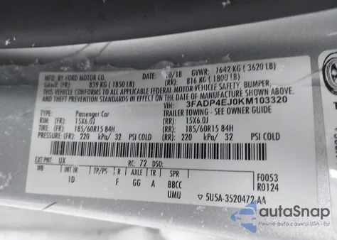 2019 Ford Fiesta Se z USA, uszkodzony, nr VIN 3FADP4EJ0KM103320